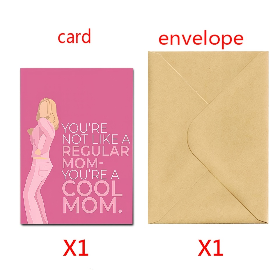 TEMU 1pc With Envelope, Humorous Pink Greeting Card - "cool Mom" Card, Suitable For Valentine's Day, Birthdays, New Year, Cocktail Parties,