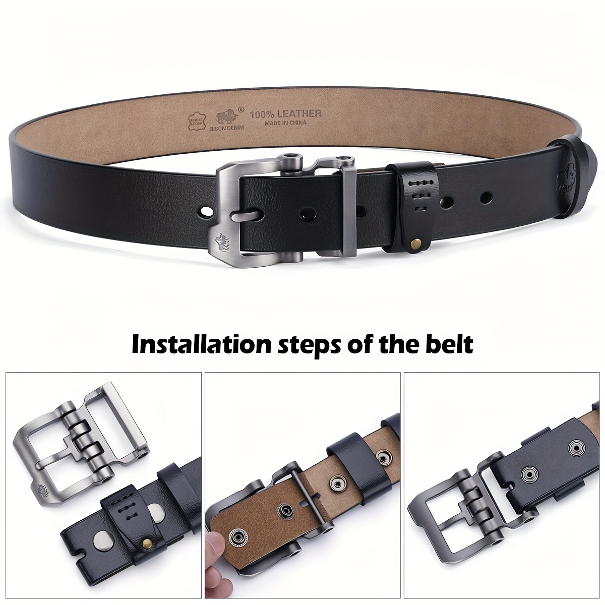 BISON DENIM Men'S Leather Belt Brown Casual Style