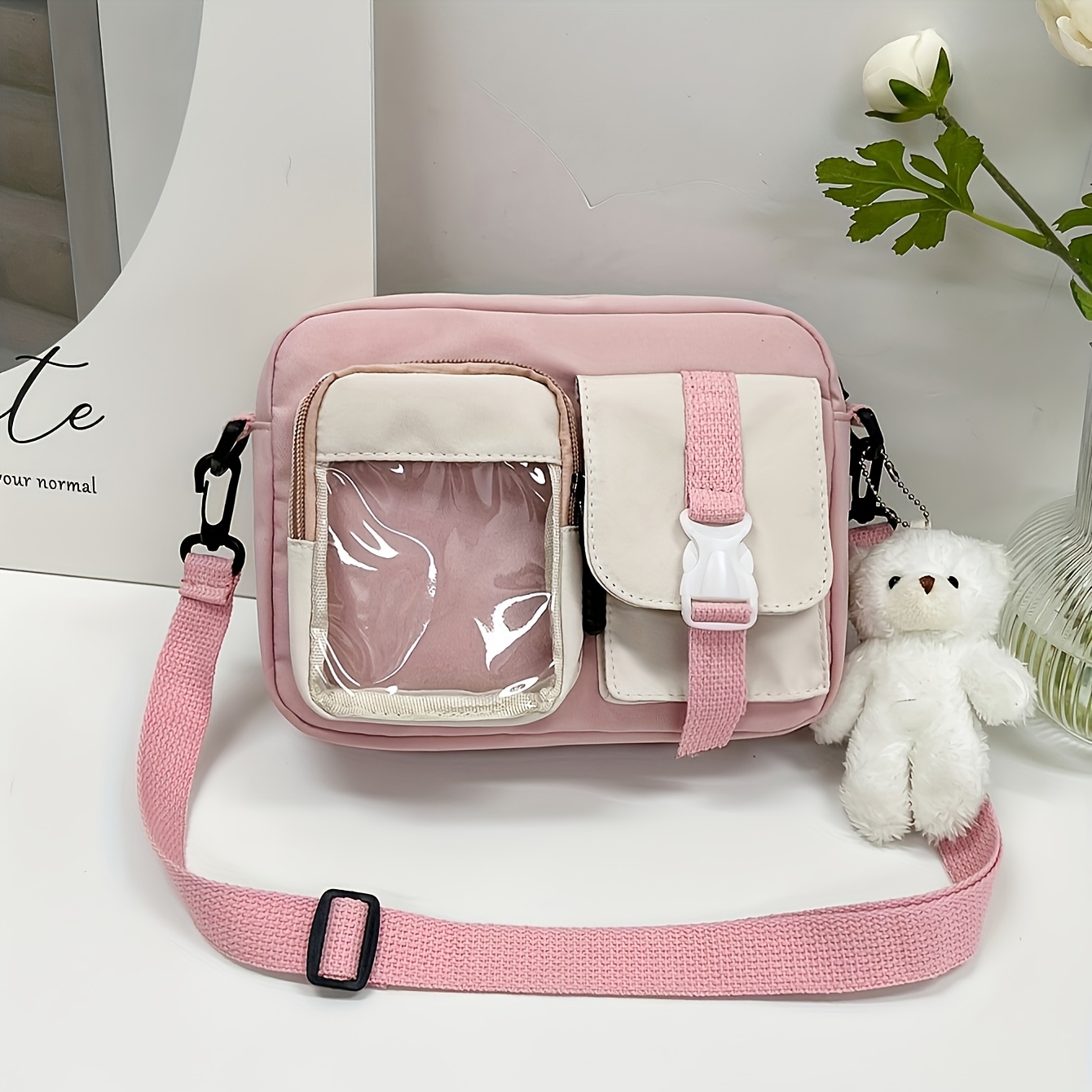 TEMU Fashionable Women's Shoulder Bag, Cute Korean-style Crossbody Bag With A Vibe, Color- Design, Students, Fresh And Sweet Canvas Bag In Black For