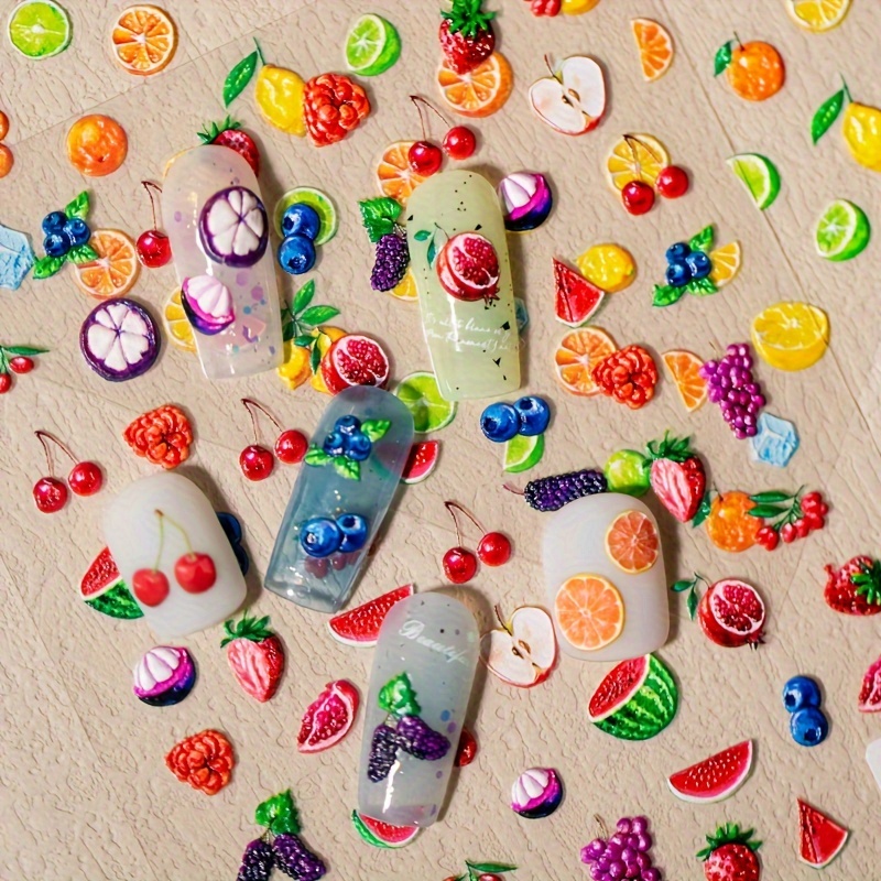 Image of 2 Sheets Of Embossed Summer Fruit Nail Stickers, Featuring Designs Of Oranges, Lemons, Strawberries, Grapes, , And Watermelons, Perfect For Use By Women And Little