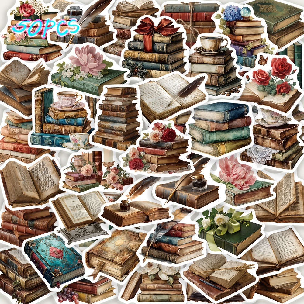 Image of 50 Sheets Cartoon Retro Book Doodle Stickers, Decorate Stationery, Suitable For Books, Laptops, Water Bottles, Phone Cases, Suitcases, Guitars And Helmets