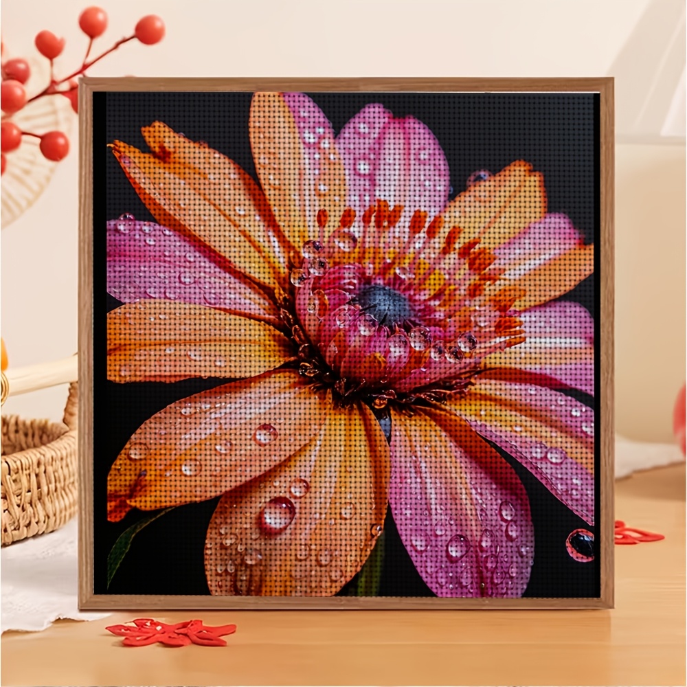 DIY Cross-Stitch Printed Kit "Orange-Pink Flowers with Dewdrops"