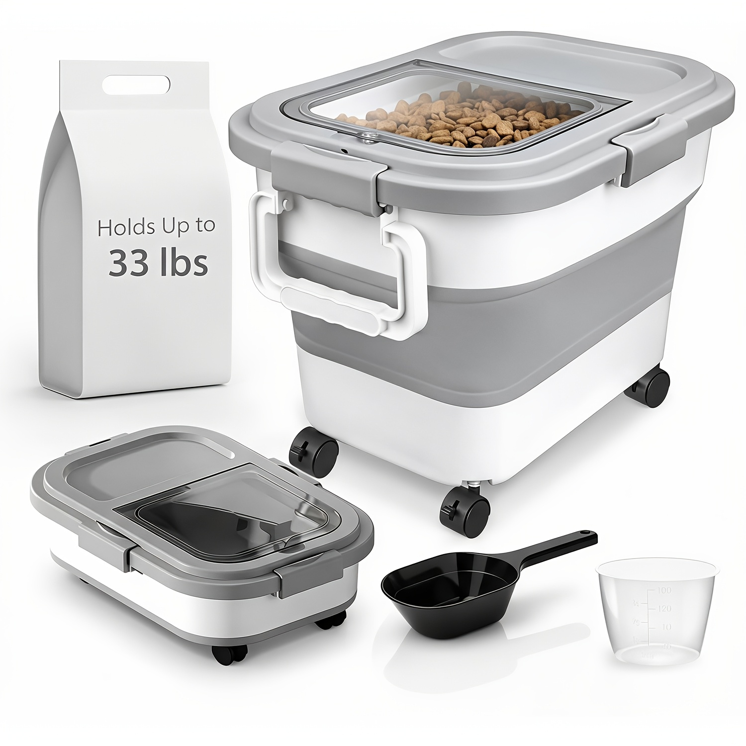 TEMU 33lbs Collapsible Pet Food Storage Container With Airtight Lid, Dog Food Storage Container With Measuring Scoop And Cup, Wheels & Handle For