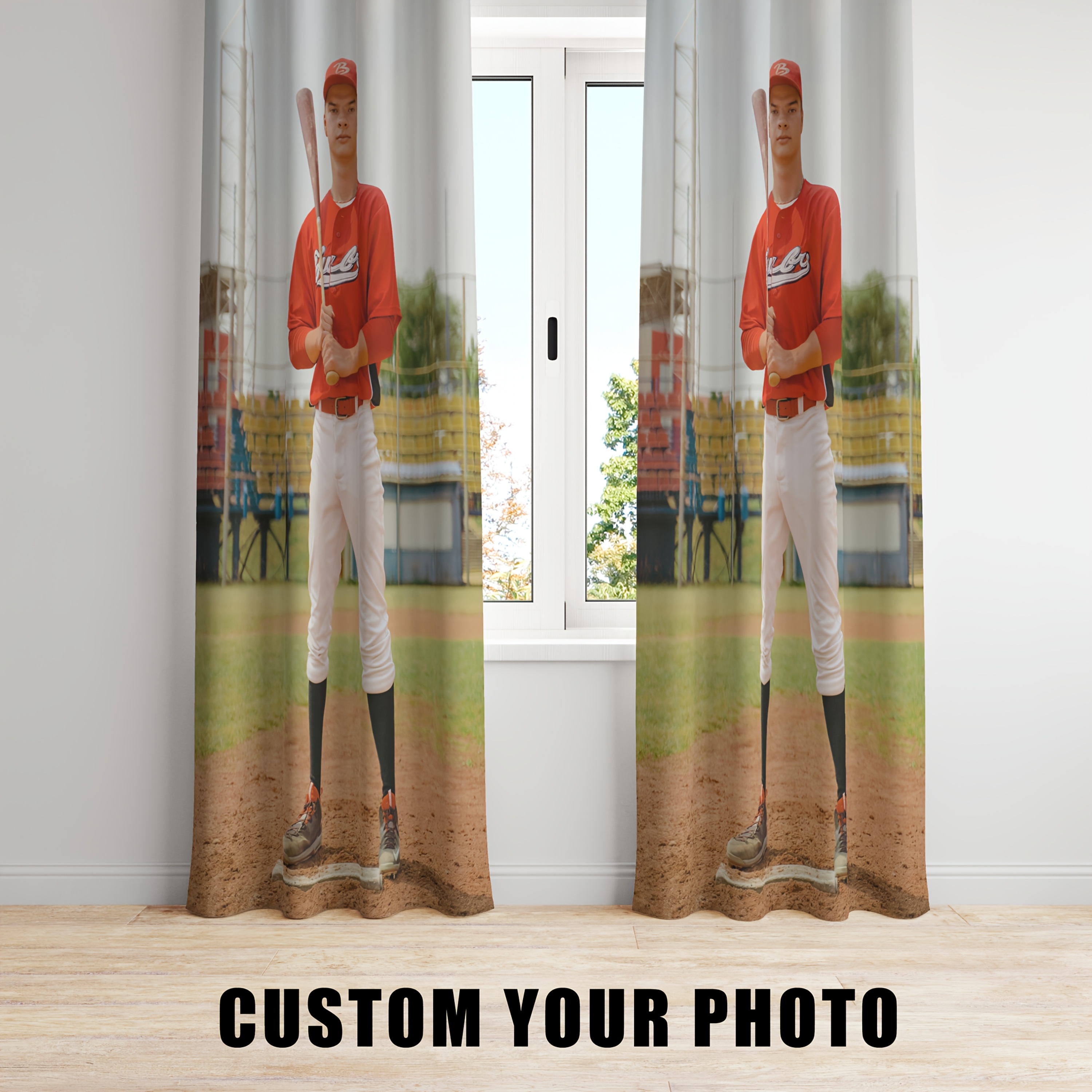 TEMU Custom Photo Curtain - Personalized Baseball Theme With Your Own Photo Print, 100% Polyester Machine Washable Blackout Curtains For Living Room,