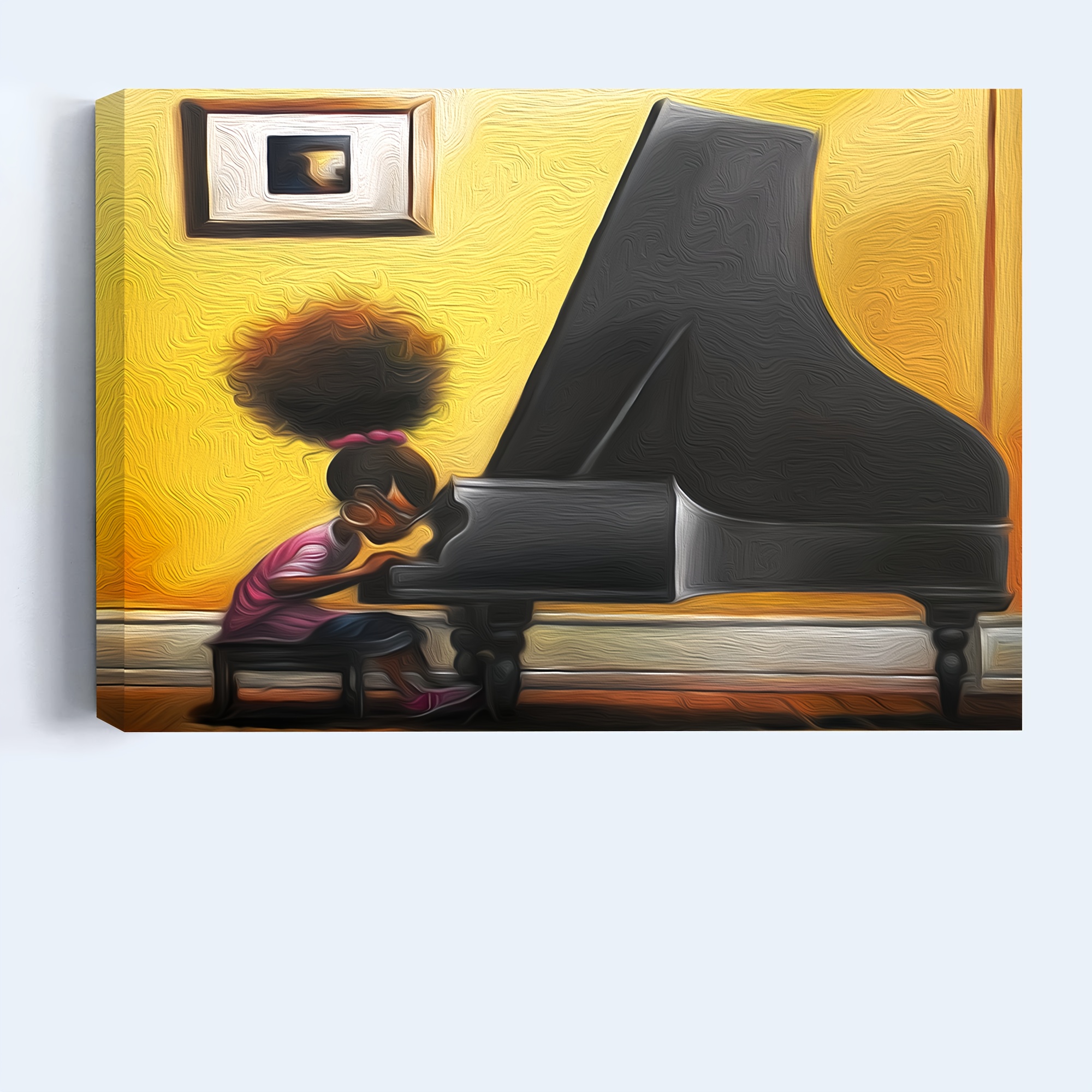 1pc Wooden Framed Canvas Painting African American Piano Practice Makes Perfect Abstract Art