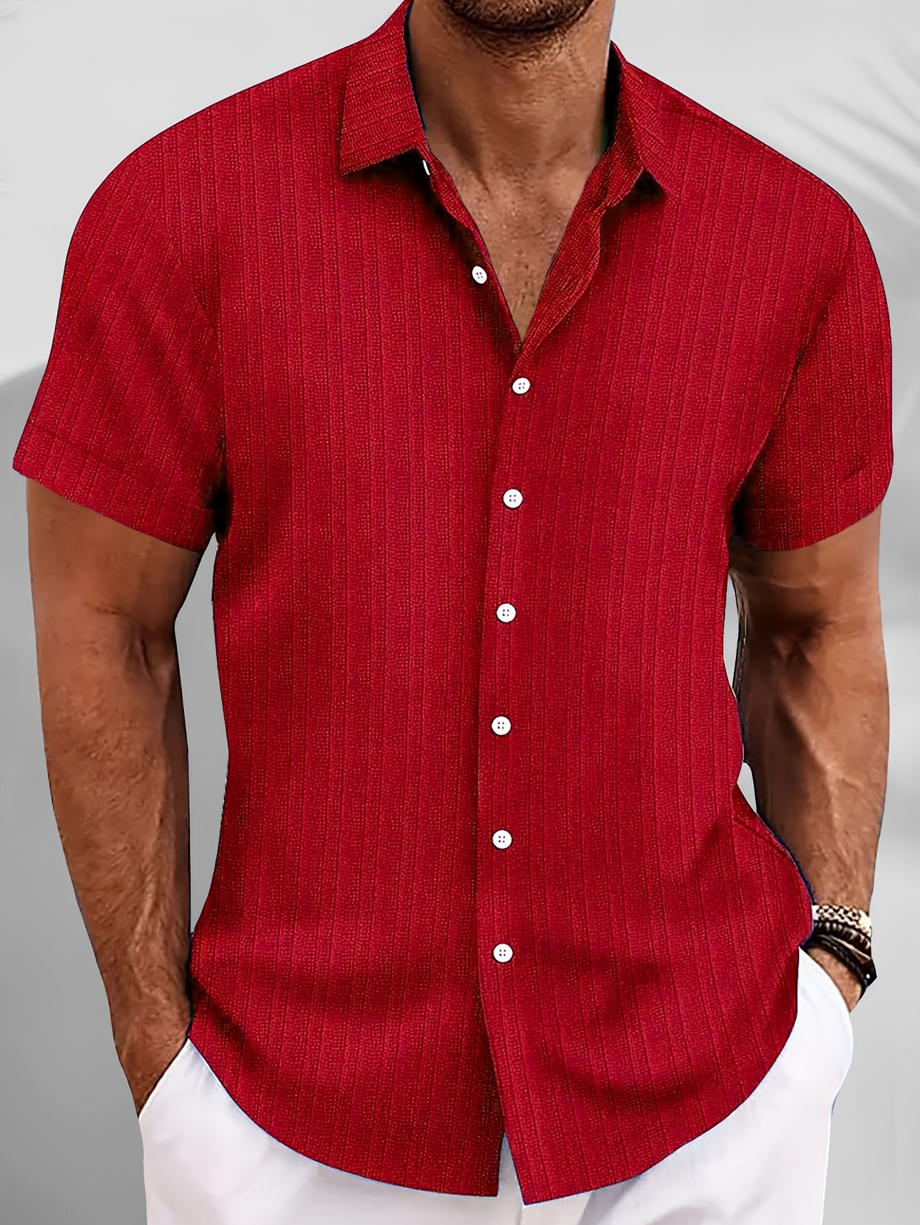 [Resort Casual] Men's Plus Size Casual Solid Blue Button-Up Short Sleeve Shirt - Lightweight Polyester, Ribbed Texture, Machine Washable for Summer Comfort, PLUS SIZE