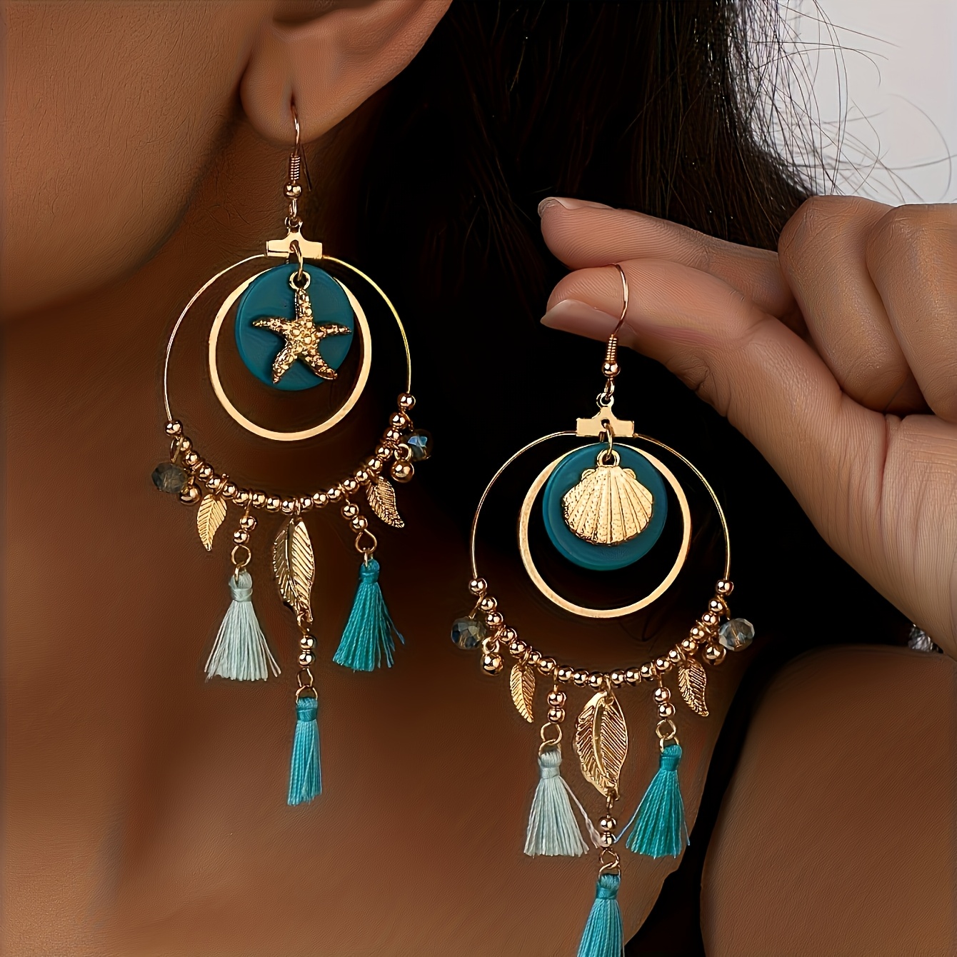 E-shop 1 Paar Bohemian Ozean-Stil Seestern Muschel Blau-Grün Damen Ohrringe, Ideal für Urlaub Party