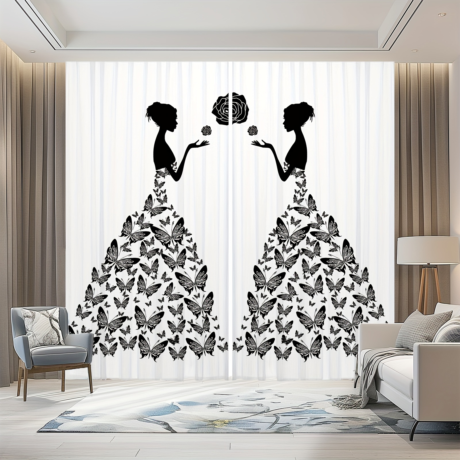 TEMU 2pz Tende in Poliestere Semi- con Bianche e Nere �� Design Elegante con per per Matrimoni, Feste e Decorazioni Domestiche �� per Soggiorno, Camer