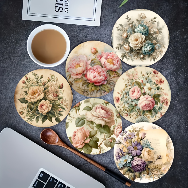 TEMU 6pcs Set Heat-resistant Wooden Coasters, French Vintage Floral Pattern, Suitable For Home, Office And Party Drink Coasters, High-quality Durable