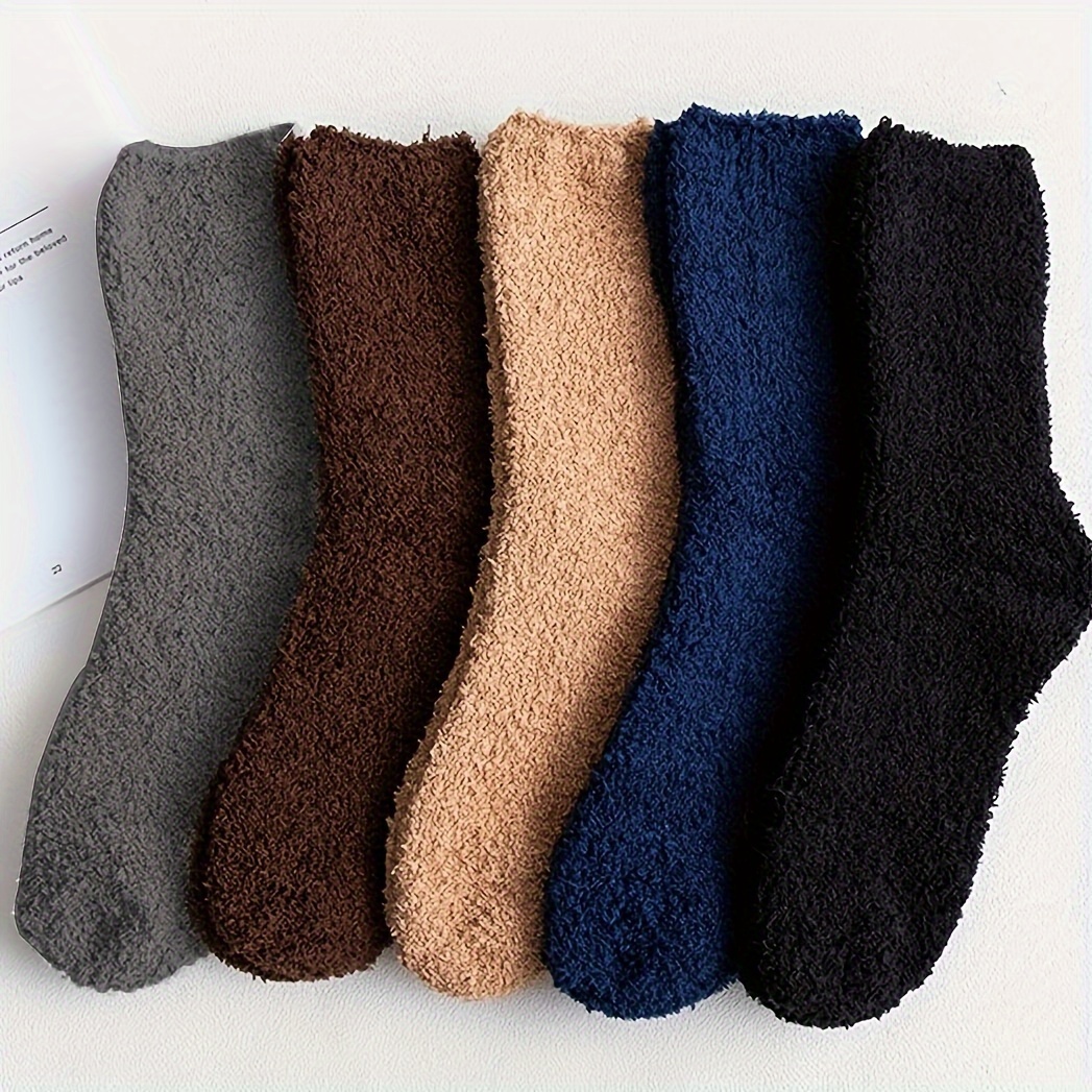 

5 Pairs Cozy Fluffy Fuzzy Socks For Winter, Soft Polyester Knit Fabric Slipper Socks With Elastane, Solid Color Warm Sleeping Socks, Hand Washable - Lint Free