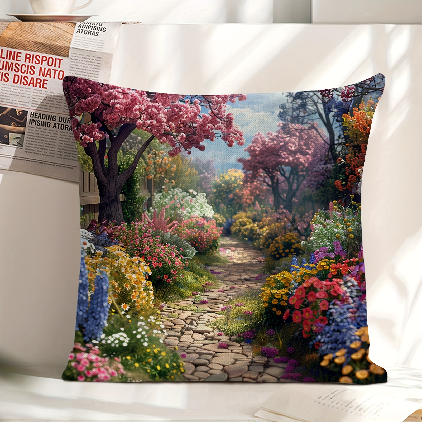 

Floral Garden Path Decorative Throw Pillow Cover 18x18 Inch - Contemporary Woven Polyester Cushion Case With Zipper For Various Room Types, Machine Washable - Single Pack