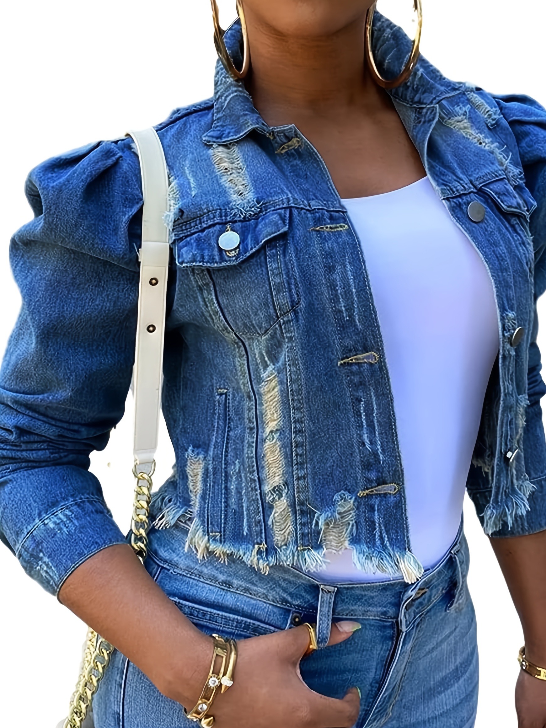 puff sleeve denim jacket sold on Temu United States