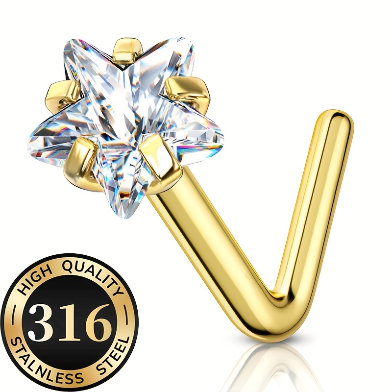 TEMU 1pc Hypretty Steel Nose Piercing With Star Tip & 5-prong Nose - Hypoallergenic, Sensitive Nose Piercing, For Daily Wear & Parties, Elegant Nose