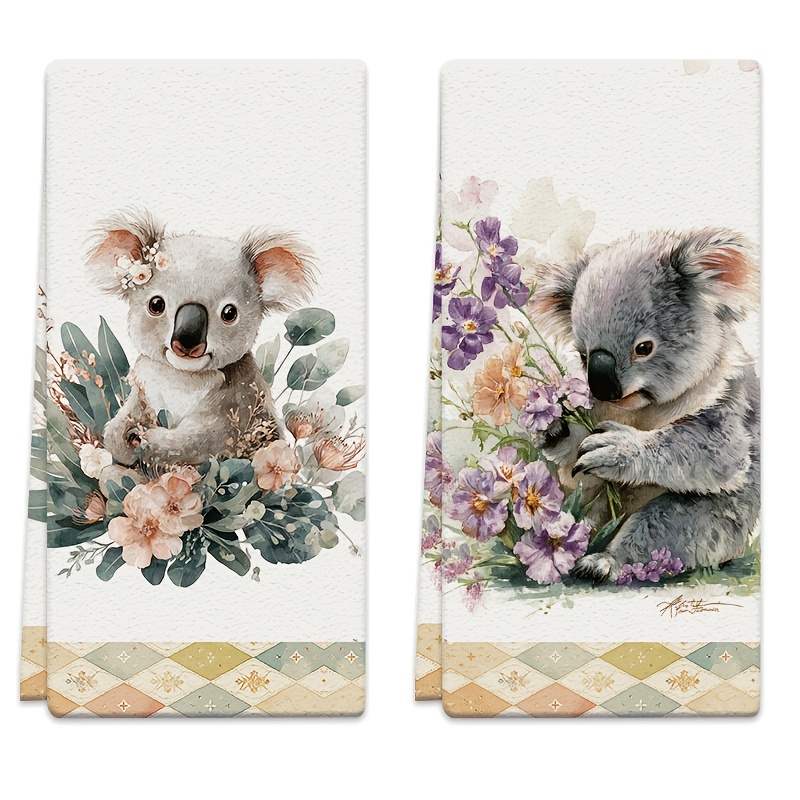 TEMU 2pcs Dish Towels 18x26 Inches Koala, Floral, Green Leaves Microfiber Absorbent Kitchen Hand Towels, Suitable For Home Kitchen Cooking, Baking,
