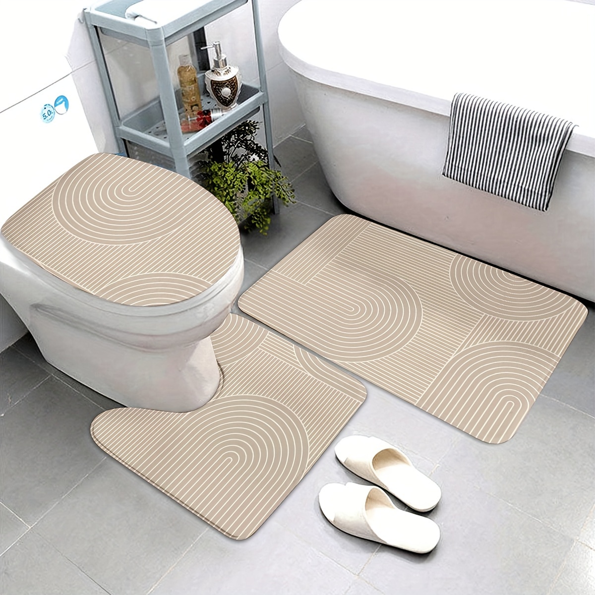 Image of Nordic Style Bathroom Carpet 3pcs Set, 3pcs Bathroom Bath Mat, Kitchen Bathroom Bedroom Anti-slip Washable Floor Carpet Decoration, Set Includes Bath Mat, Contour Mat And Toilet Seat Mat