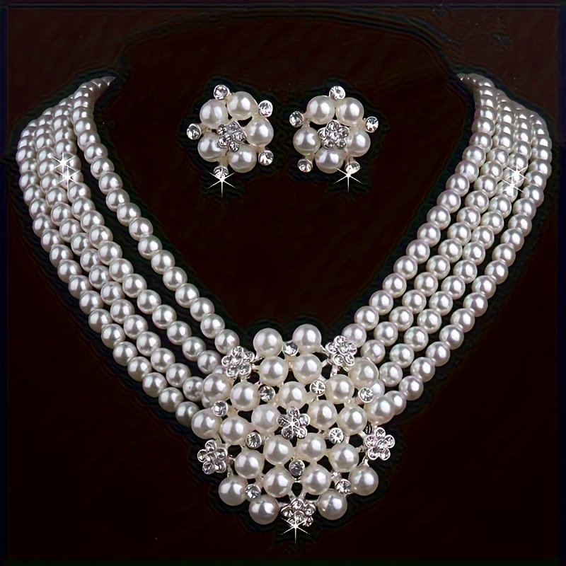 

1 Set Vintage Style Pearl Jewelry, Piece Layered Necklace And Earrings Set For , Elegant Accessory