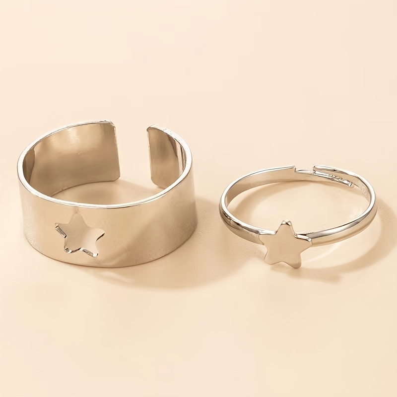 2pcs Boho Adjustable Open Ring Set Hollow Cutout Iron Couple Rings
