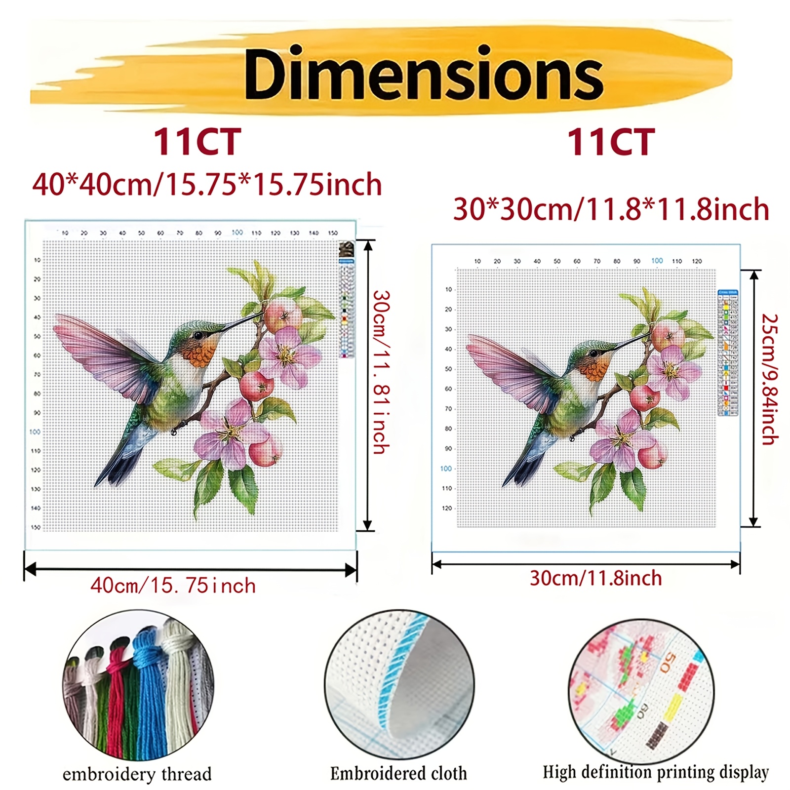 DIY Cross Stitch Print Kit, Frameless, Hummingbird Design