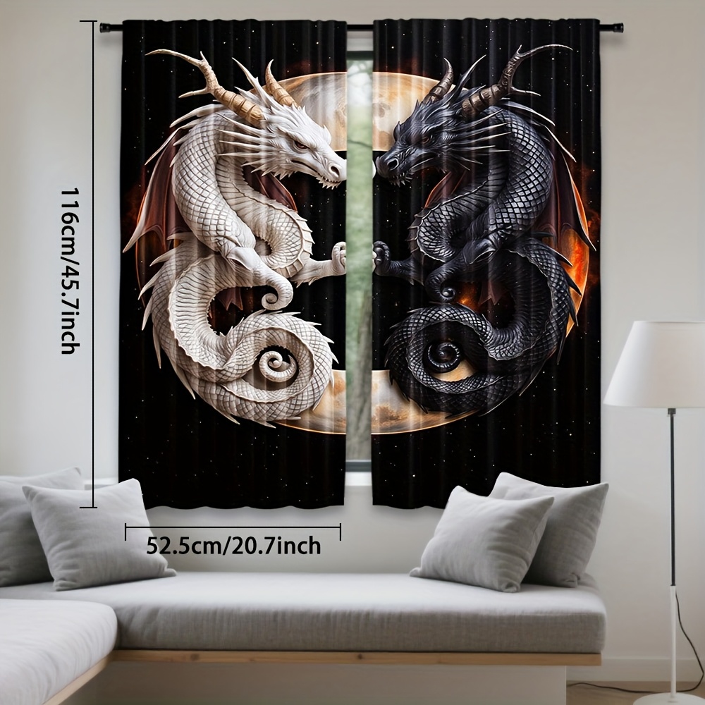 TEMU 2pcs, Yin Yang Dragon Moon Stars Pattern Curtains Light Filtering Polyester Rod For Bedroom Living Room Office, Home, Office, And Holiday