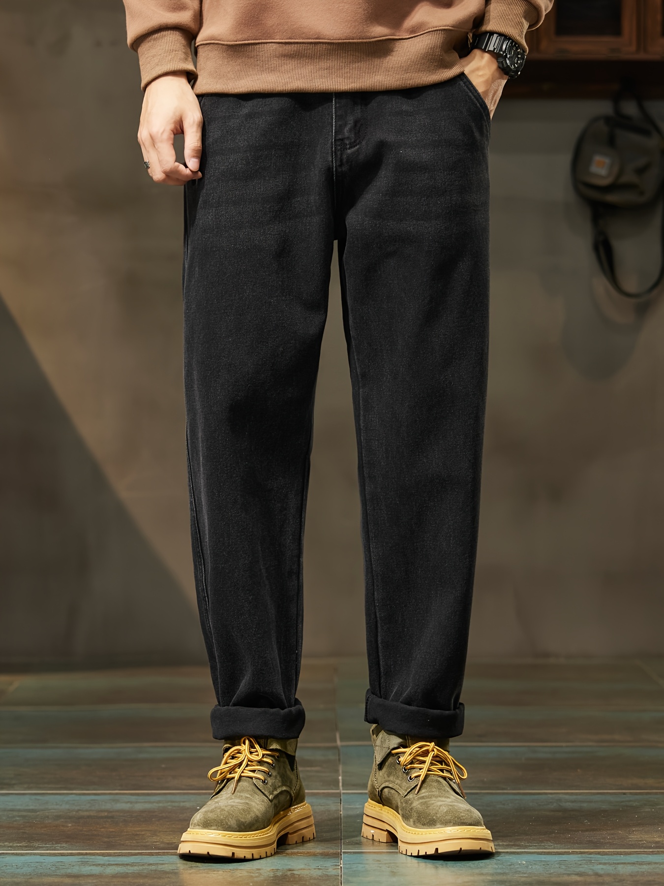 Men'S High-Waisted Black Jeans - Casual Loose Fit, Washed Straight Leg, Comfortable Cotton Blend, All-Season Style, Zipper Fly, Casual Weekend Wear, Casual Wear Jeans|Casual Loose Jeans|Waistline Detail