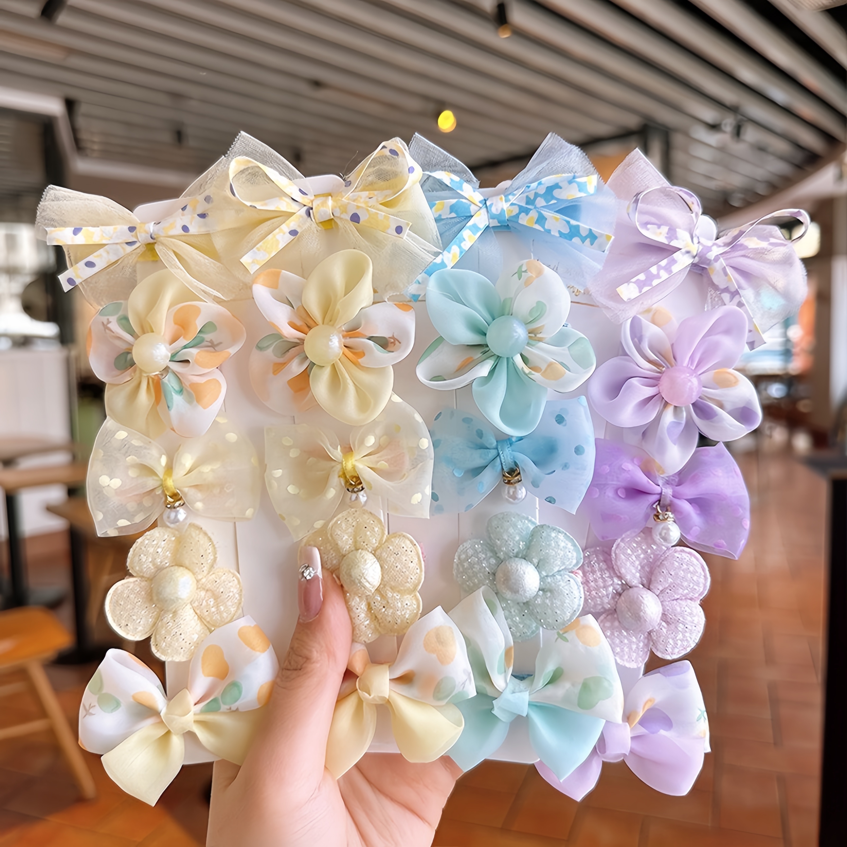 10pcs adorable mixed color flower bow hair clip set for girls   hair stretchy fabric duckbill clips with delicate details   everyday casual wear hair accessories for girls Product details 0
