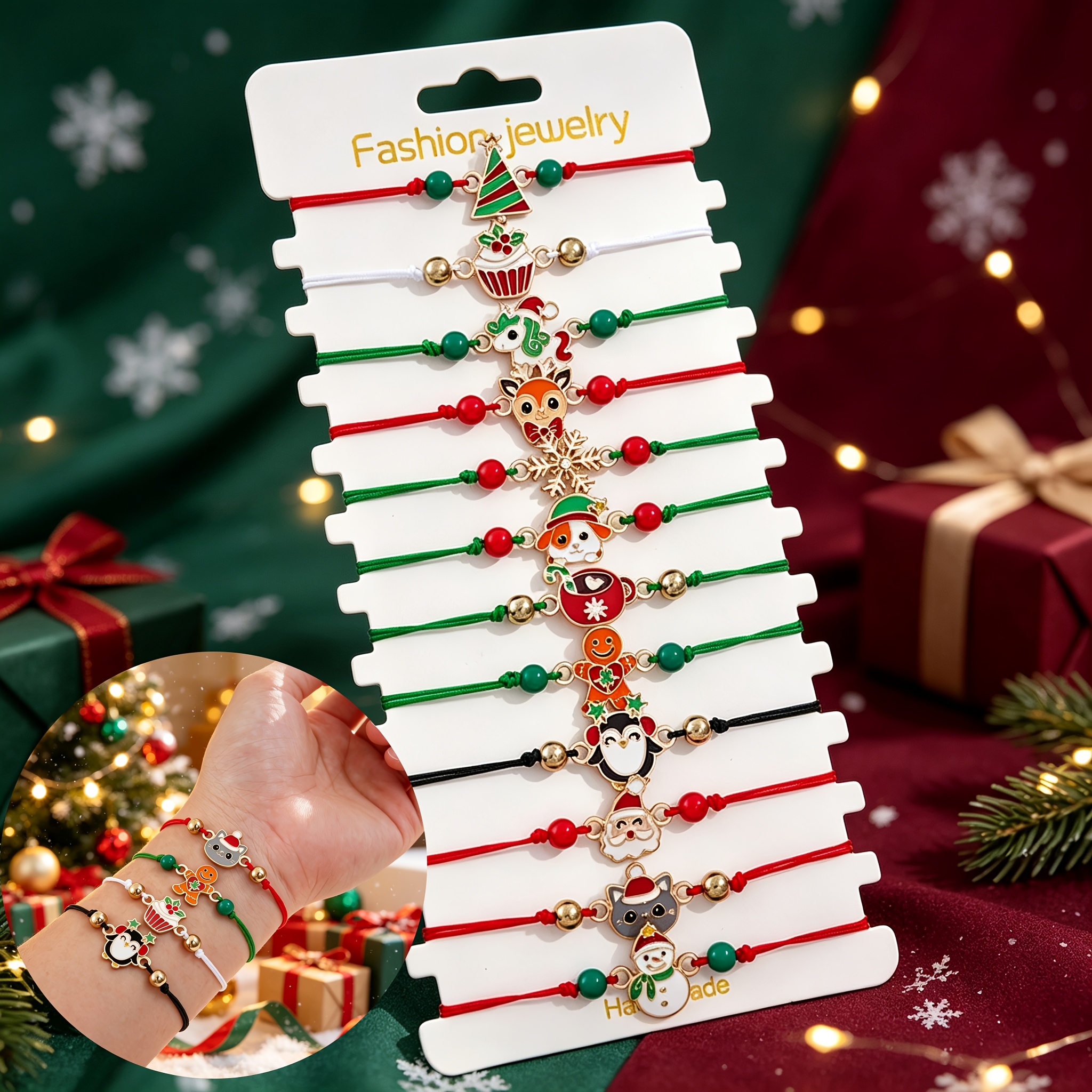 TEMU 12pcs Christmas Kids Drawstring Bracelet Set, Cute Charms With Penguin, Reindeer, Snowflake, Unicorn & Santa Claus, Friendship Jewelry Additions