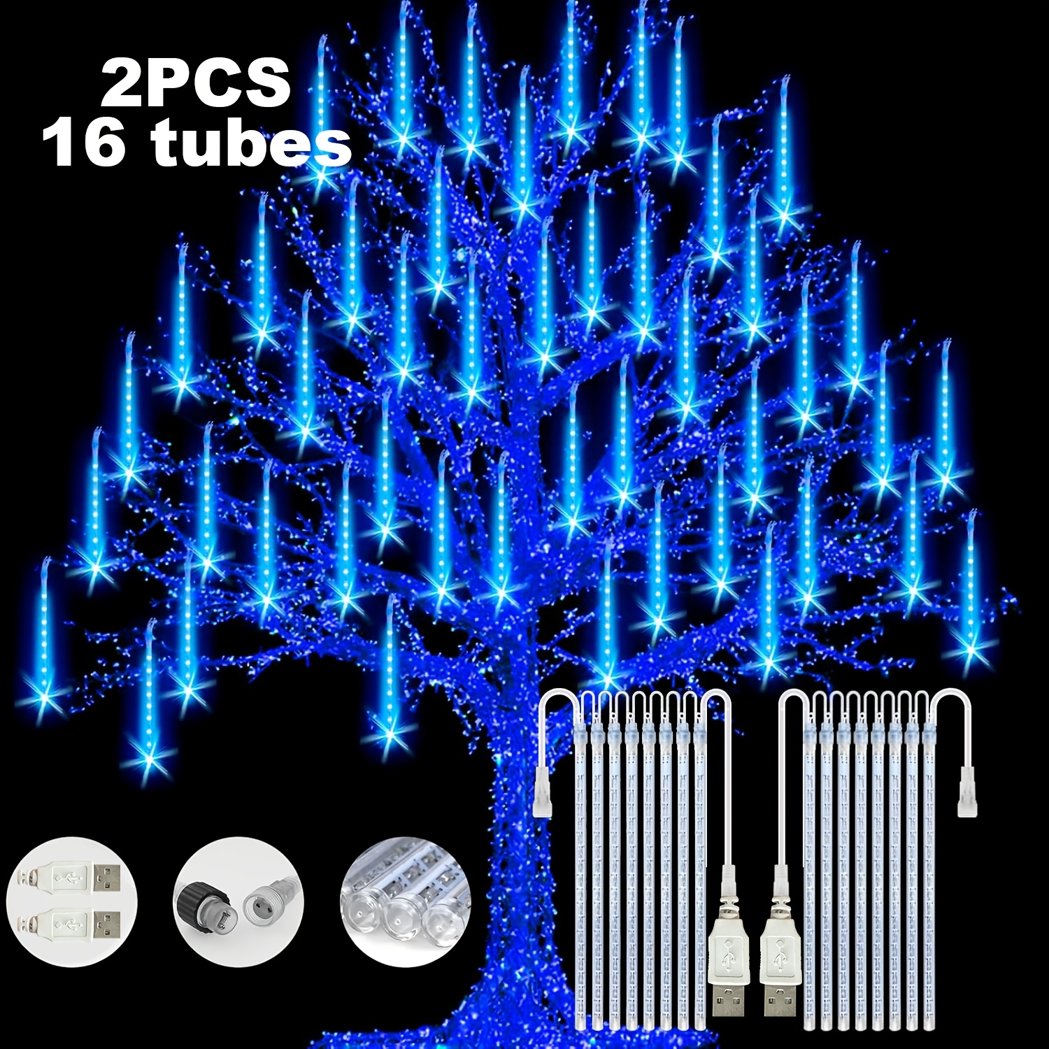 Image of Usb Meteor Shower Light, 8/16 Tube 192/384 Led Christmas String Lights ( In Series), Icicle Tree Lights, Christmas Courtyard Party Courtyard Christmas Decoration