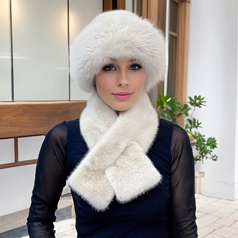 TEMU Women's Luxurious Fur Hat And Scarf Set, Warmth Thickened Fox Fur   With Earmuffs, Gift, Knitted No-brim Hat, Non-stretch, Hand