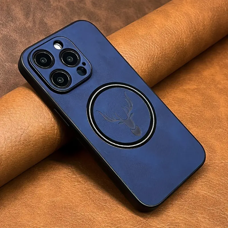 luxury sheepskin leather case for iphone 16 15 14 11 pro deer head pattern magnetic wireless charging soft bumper shockproof cover details 6
