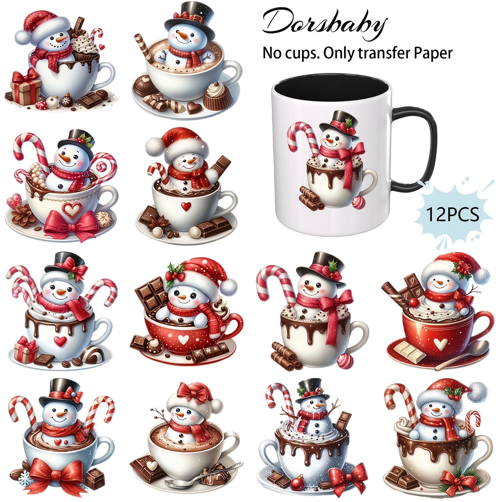 TEMU 12 Autocollants de Neige Tasse de Cacao de Noël, Décalcomanies Tasse de Café UV DTF, Cadeau Créatif à Soi-, Choix Idéal pour les Amateurs de