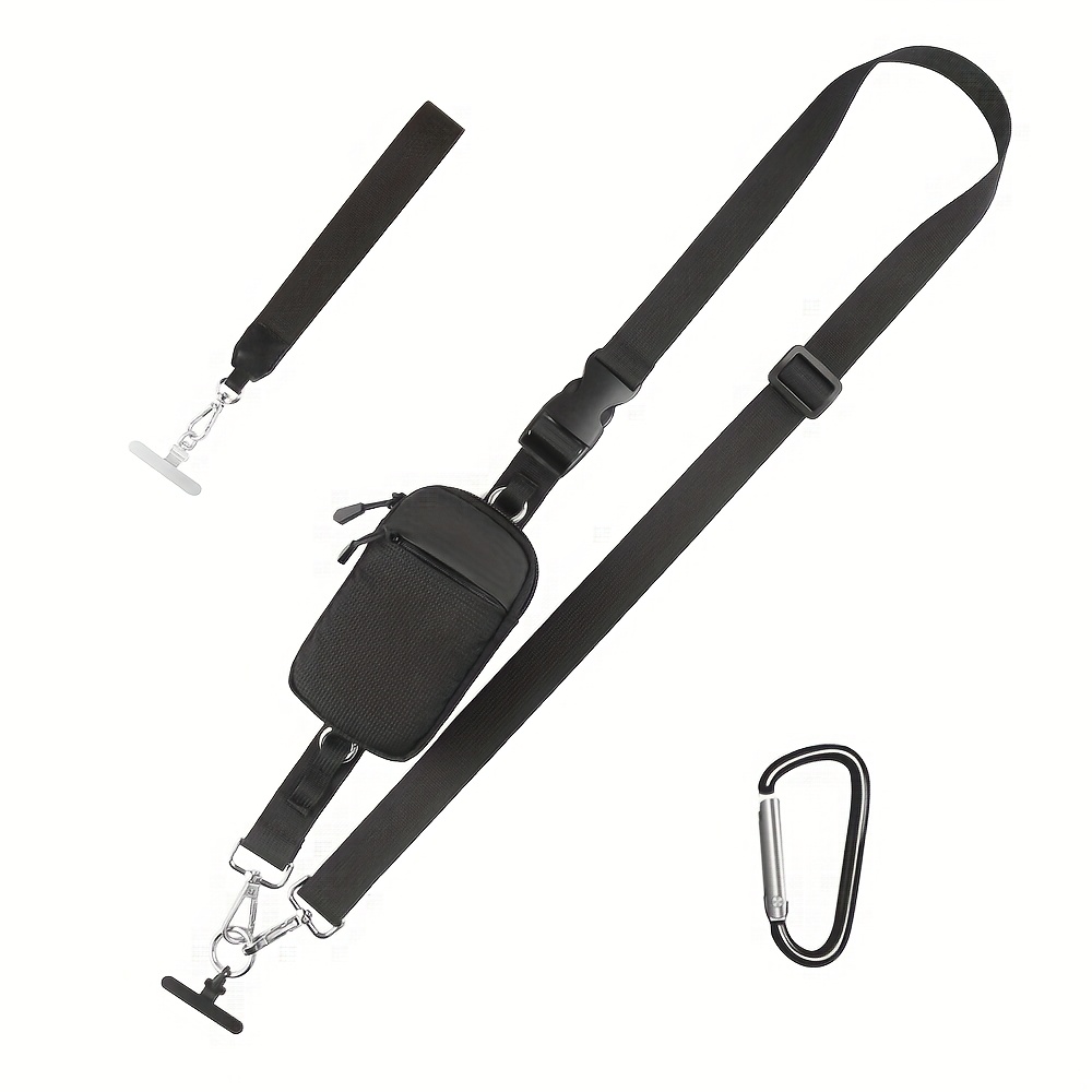 E-shop Modische schwarze verstellbare Umhängetasche für Handys + Münzbörse + Handgelenkband, Reise-Diebstahlschutz mit Clip, vielseitig, geeignet für
