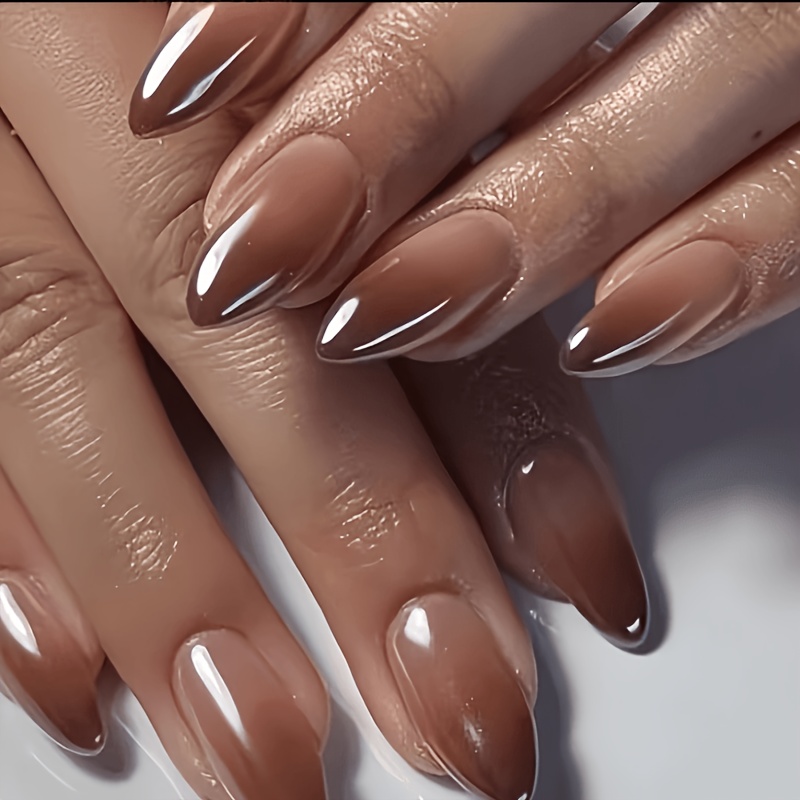 TEMU 26pcs: 1 Nail File + Jelly Glue, Premium Almond Brown Ombre Glossy Finish Design False Nails, Classic Simple And Stylish Manicure - 1 Nail File