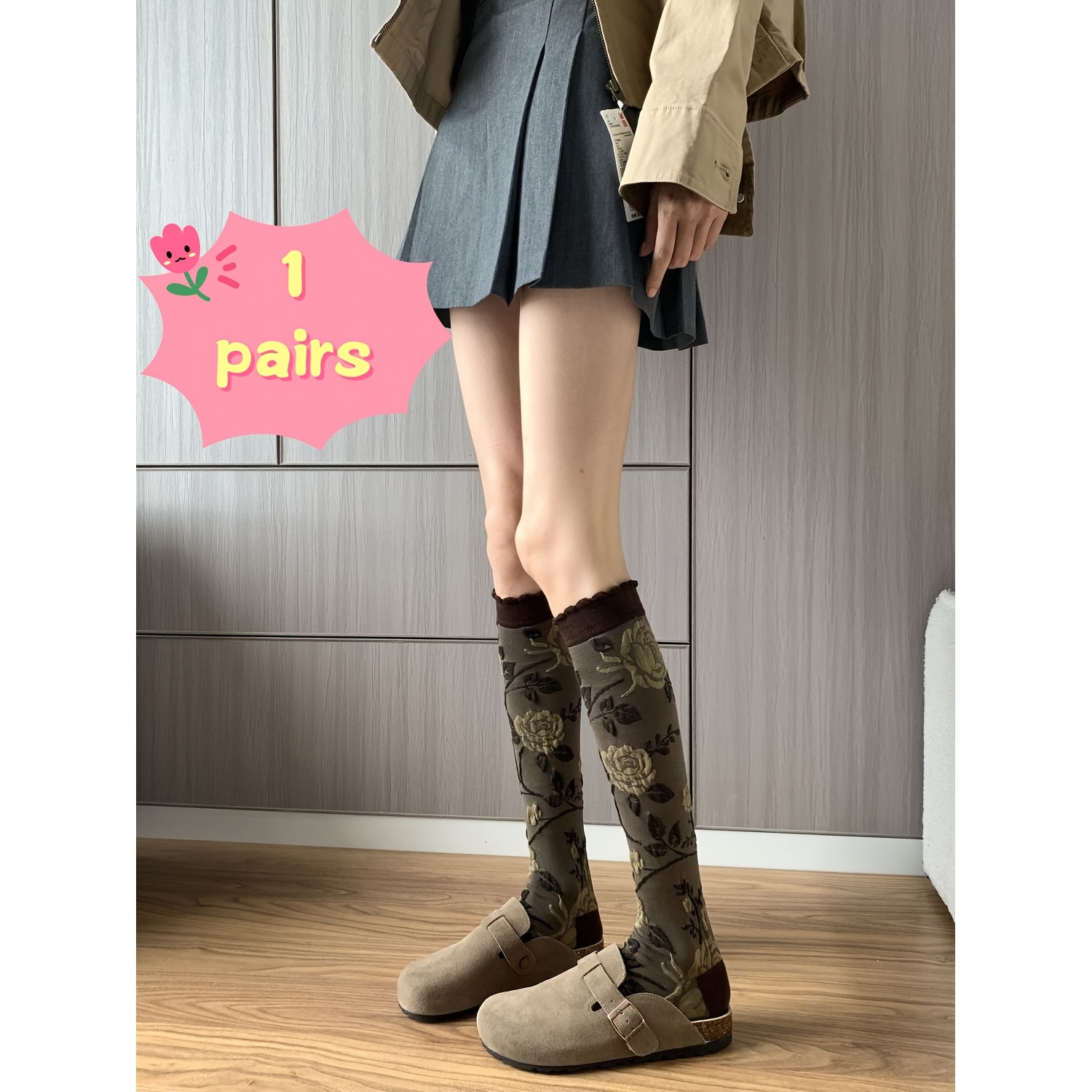 TEMU 1 Pair Of Spring And Summer Retro Temperament High Intellectual Barn Style Outfit Knee Socks Design Sense Rose Coffee Color Women's Calf Socks