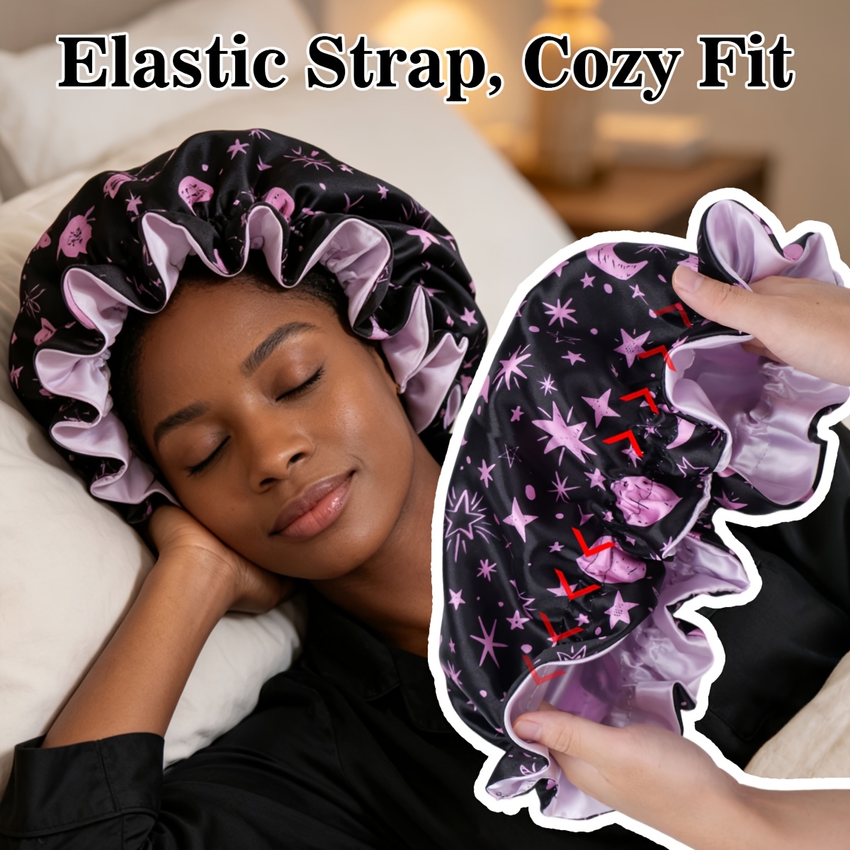 TEMU 1pc Reversible Double-layered Bonnet With Different Colors, Hairs Bonnet For Sleeping, Shower Cap, With Printed Patterns, Reusable And Washable