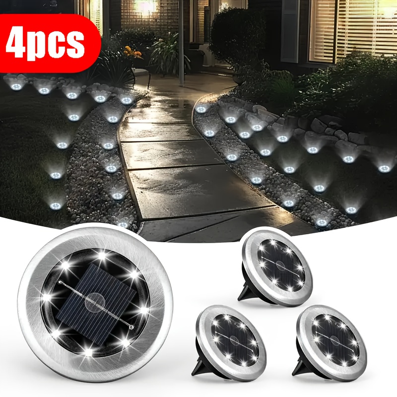 TEMU 8pcs Solar Stainless Steel Ground Lights, 4pcs Auto-switch In-ground Lights With 8 Leds For Gardens, Patios, Lawns, Steps, Walkways, Path