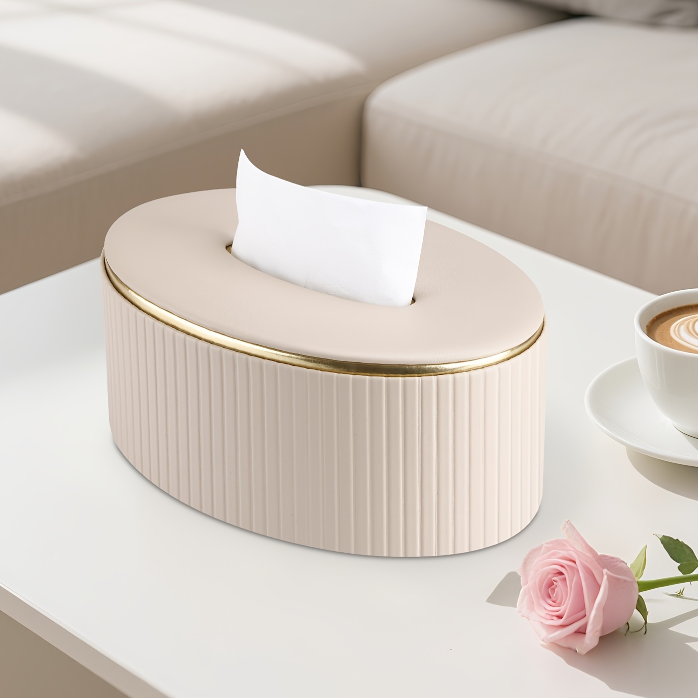 Image of Ladstag Luxury Pu Leather Tissue Box With - Ic Lid & Mdf Base, Vertical Stripe Oval Storage Organizer For Tissues/ (beige//black) - Elegant Holder For, Office, Desk - Fits Tissues, Lipsticks, Perfumes