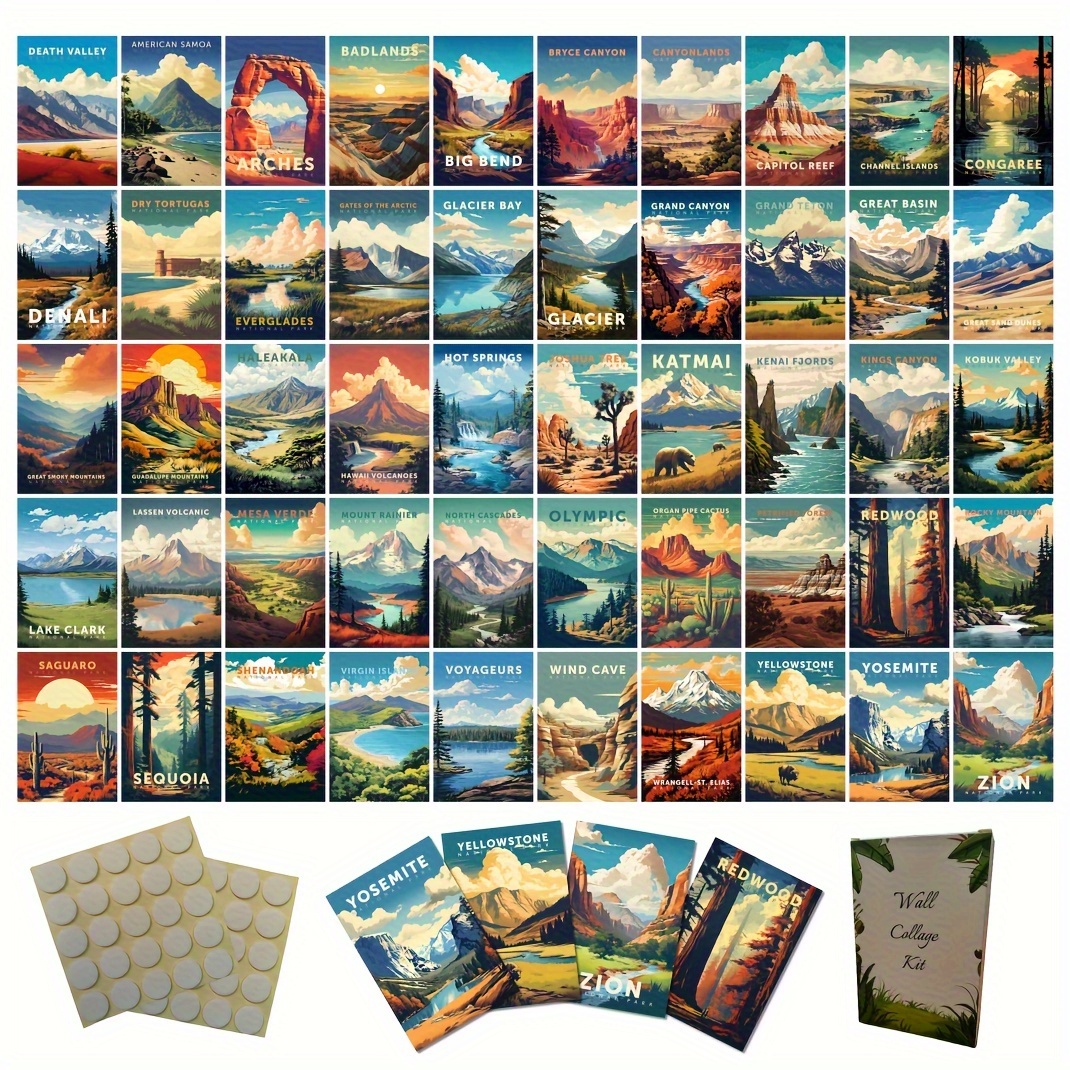 

50pcs Wall Collage Kit - Nature Adventure Art Print Aesthetic Pictures Gift For Travelers Hikers Camper Living Room Man Cave Classroom Decor - Postcard Size Photo, 4*6in