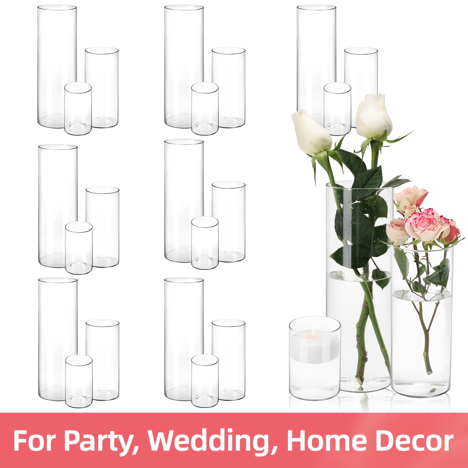 TEMU 24pcs Clear Glass Cylinder Vases, Transparent Glass Candlestick With 3 Sizes, 4, 8, 11.8 Inch Tall Cylinder Vases, For Party Table Centerpieces,