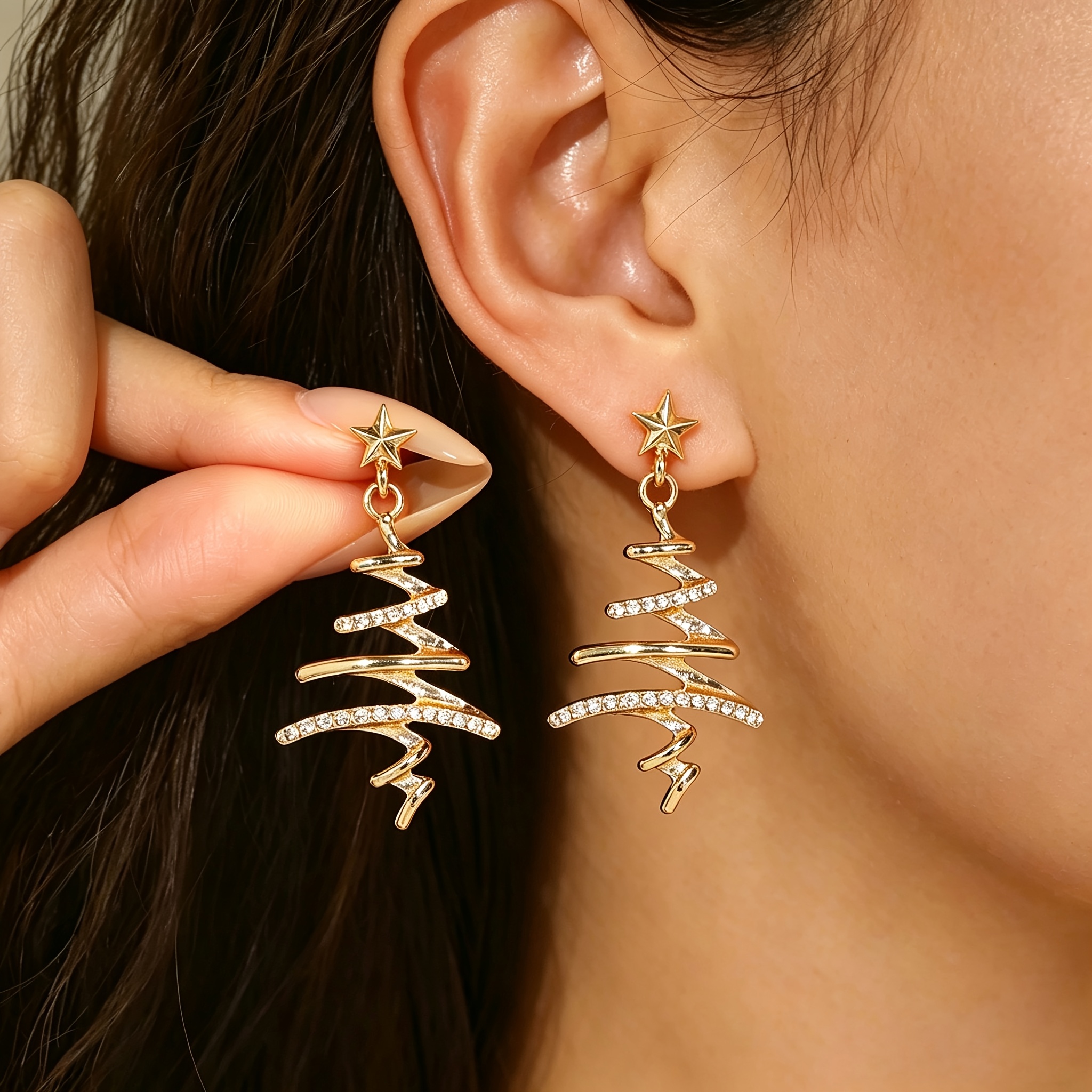 TEMU 1 Pair Easy Geometric Christmas Tree Stud Earrings, Classic And Versatile Synthetic Zirconia Christmas Jewelry, Suitable For Daily Christmas