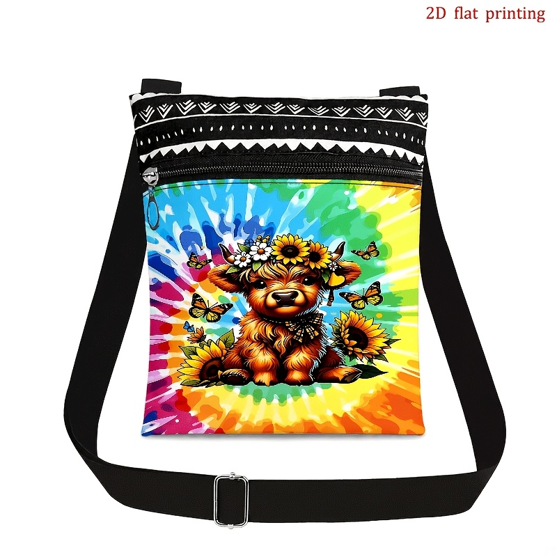 TEMU 1pc Unisex Highland Cow & Sunflower Crossbody Bag Suitable For , Adjustable Strap With Zipper Closure, Tie-dye Print, Machine Washable Bag For