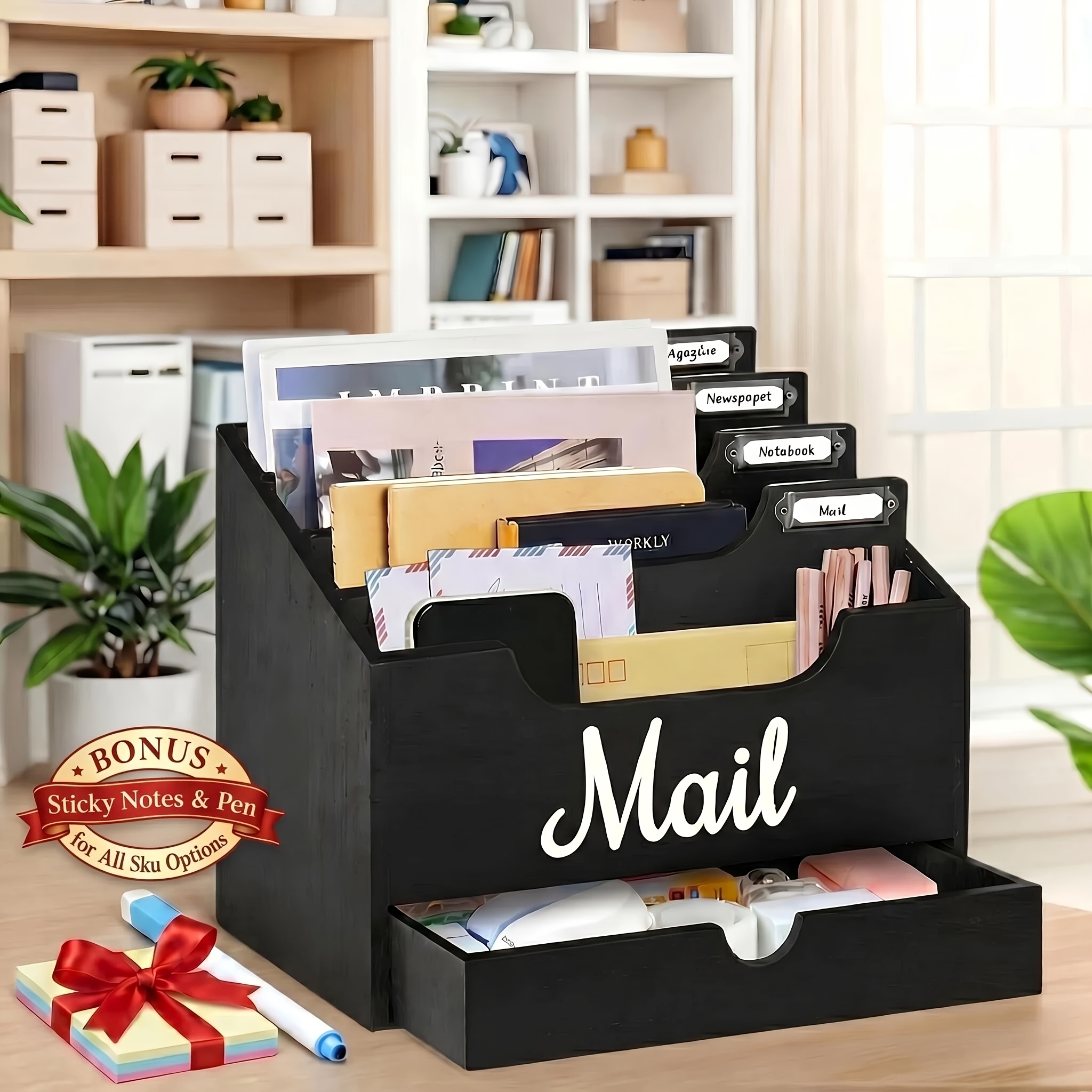 Large Wood Desktop Mail Organizer with 4 Compartments & Drawer - Solid Wood Desk Organizer Suitable for Office, Labelable Dividers for Files, Letters, Paper Folders, Drawer Storage, Gift for Students, Professionals
