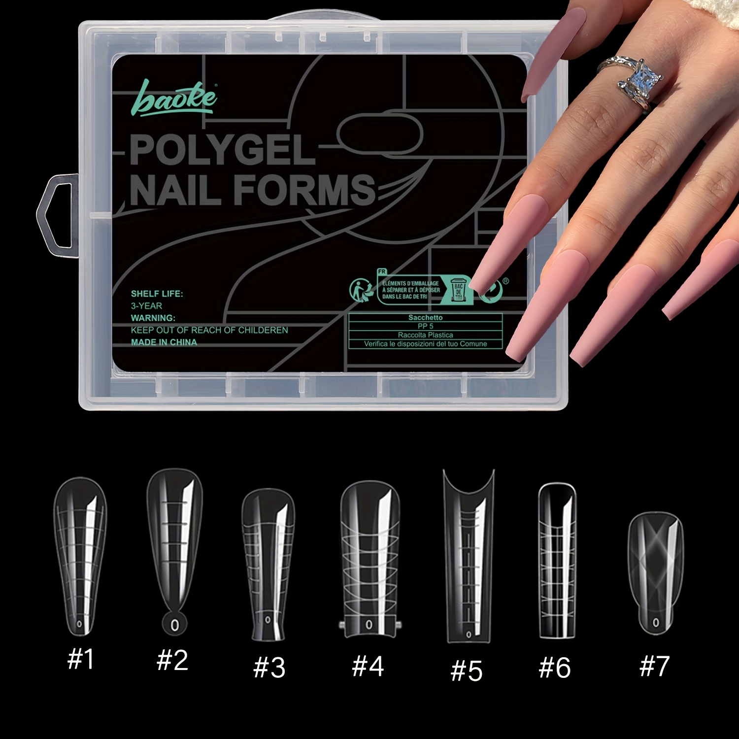 

120-piece Polygel Nail Form Set With 7 Dual-form Styles, 3d Design Uv Gel Quick-dry False Nail Tips With Pointed , Unscented, Includes Storage Case