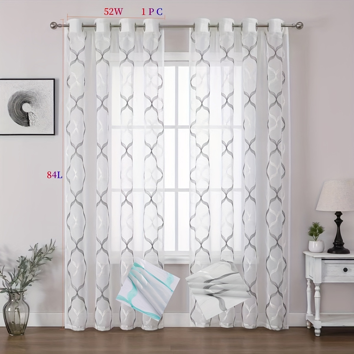 1pc Diamond Grid Exquisite Embroidered Transparent Curtain Suitable For Living Room And Bedroom Embroidered Loop Sheer Curtain