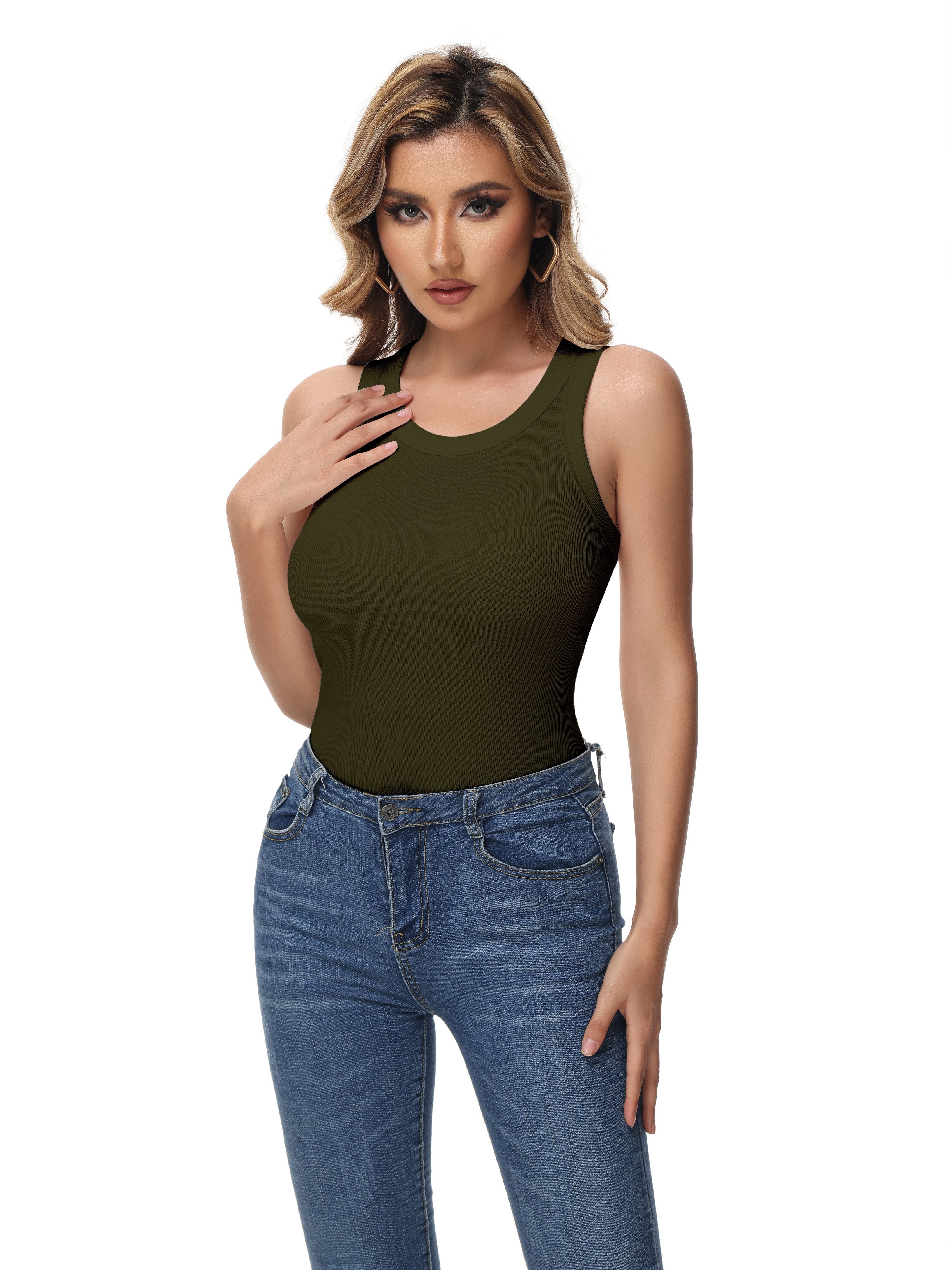 women sleeveless sports tank top workout casual rib basic slim fit sports tank top womens activewear army green 2 3