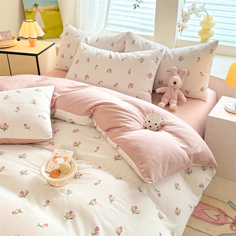 3pcs (1* Duvet Cover + 2* Pillowcases, Without Core) Cute Duvet Cover Set, Tulip Pattern Printed Lightweight, Soft, Comfortable And Skin-Friendly All-Season Bedding, Suitable for Travel, Home, Hotel, Bedroom, Guest Room, Machine Washable