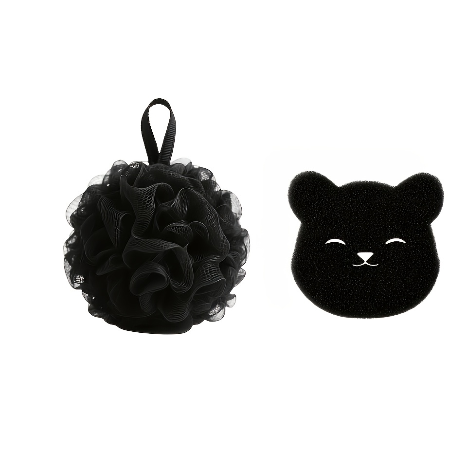 TEMU 2pcs Soft Mesh Shower Sponges - 1pc Cleaning Ball And 1pc Hair Removal Sponge, Black And White Striped Exfoliating Body Back Scrubber, Ergonomic