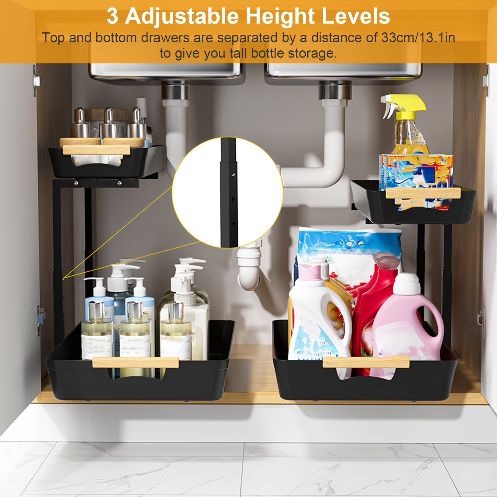 2 pack under sink organizer 2 tier bathroom cabinet organizer with sliding basket multi purpose under sink organizers