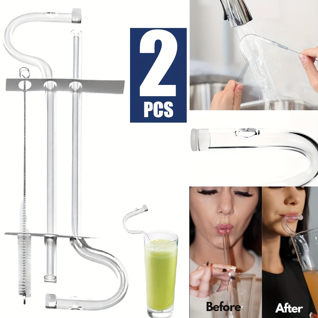 TEMU High-quality Set Of 2 Anti-wrinkle Straws Made From Borosilicate Glass, Juices And Other Beverages. Includes A Cleaning Brush And Is Ideal For