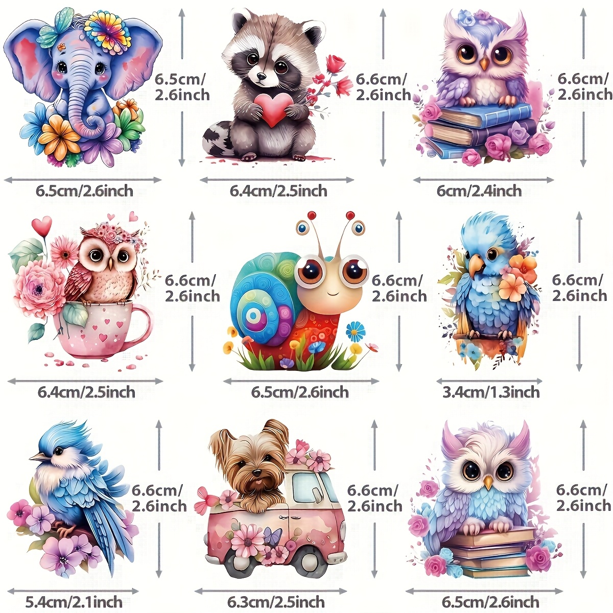 TEMU 9pcs Colorful Animal Iron-on Patches - Vinyl Heat Transfer Stickers With Elephant, Owl, Snail, Raccoon, For Diy T-shirts, Jackets, Hats, Bags -