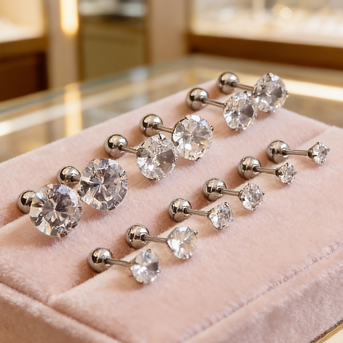 TEMU 12pcs Set Of Steel Silvery Four-prong Round Synthetic Synthetic Cubic Zirconiaia Stud Earrings, Small And Exquisite, Fade-resistant And